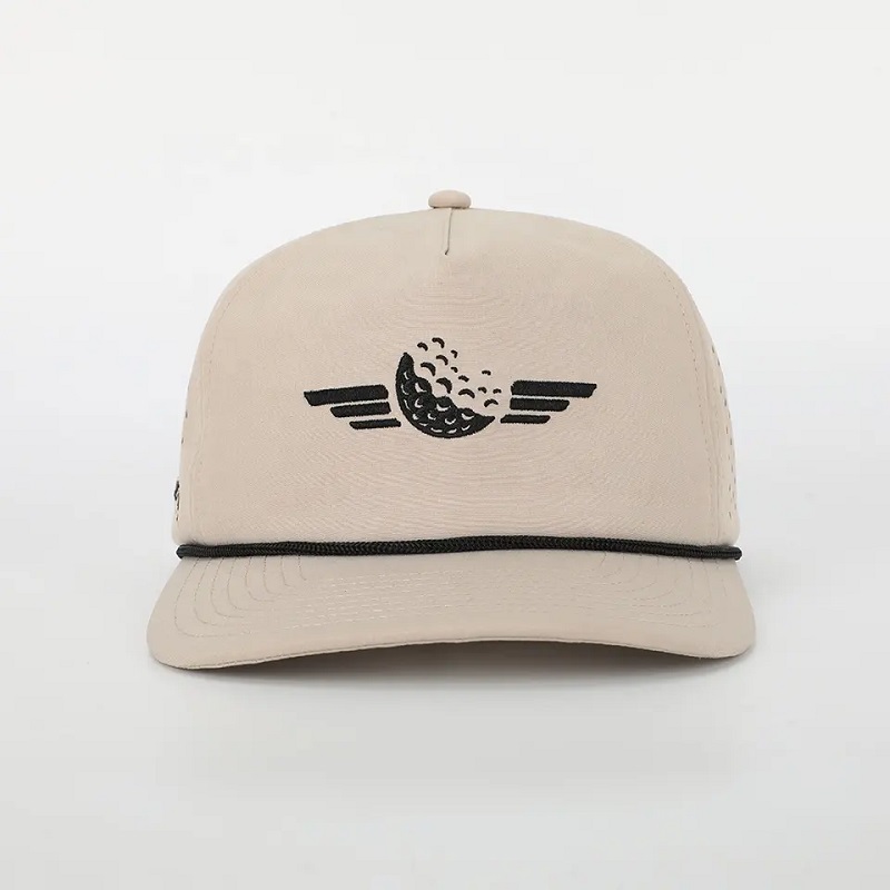 Лого за бродерия на едро на едро 5 панел татко шапка висококачествена полиестер голф гора, лазерно нарязана дупка спортно въже черна бейзболна шапка